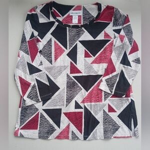 Alfred Dunner Women's Small Geometric Triangle Print Top Red Black White Studded